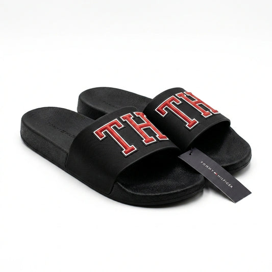 Tommy Hilfiger Men TH Logo Pool Slides - Black Red