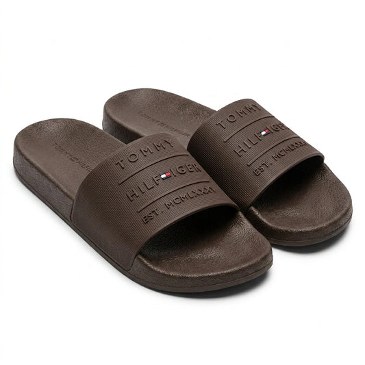 Tommy Hilfiger Men Embossed Logo Pool Slides - Dark Brown