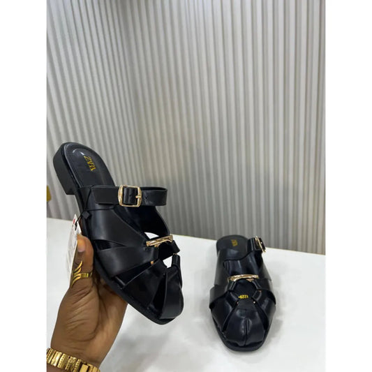 ZARA Black Buckle Cage Mule Sandals