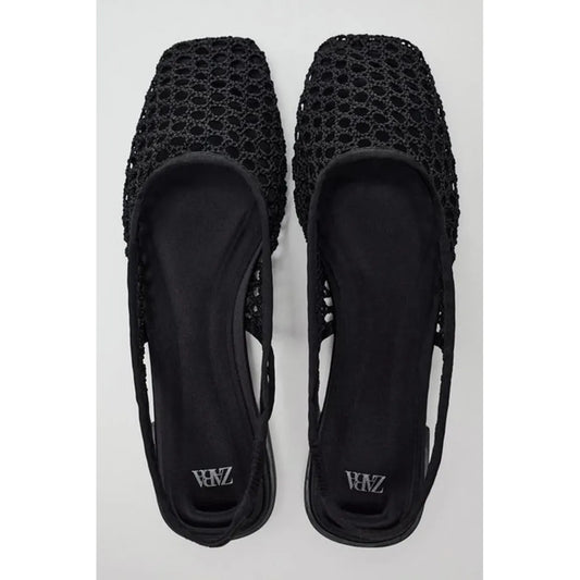 ZARA Black Crochet Pointed Slingback Flats