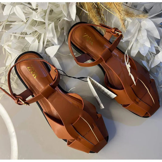 ZARA Camel Fisherman T-Strap Flat Sandals