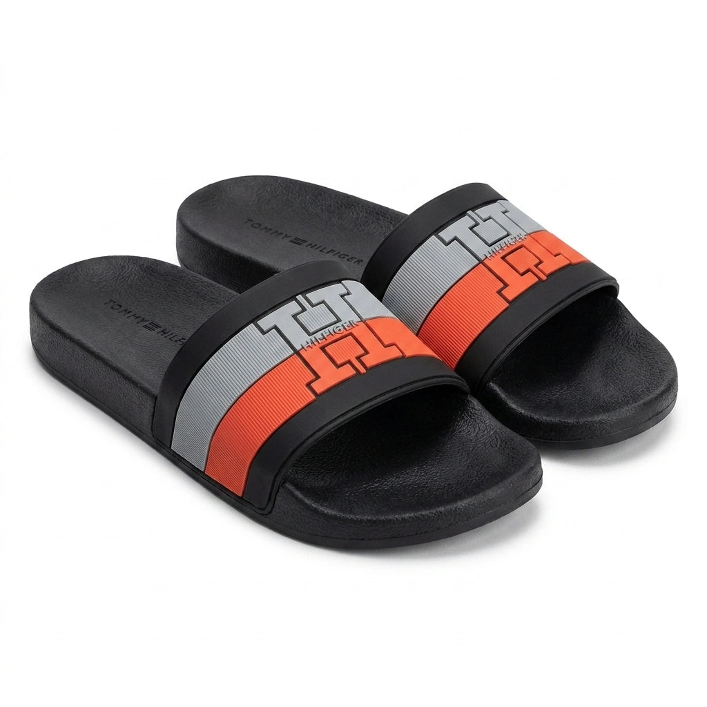 Tommy Hilfiger Men Monogram Striped Pool Slides - Black/Grey/Orange