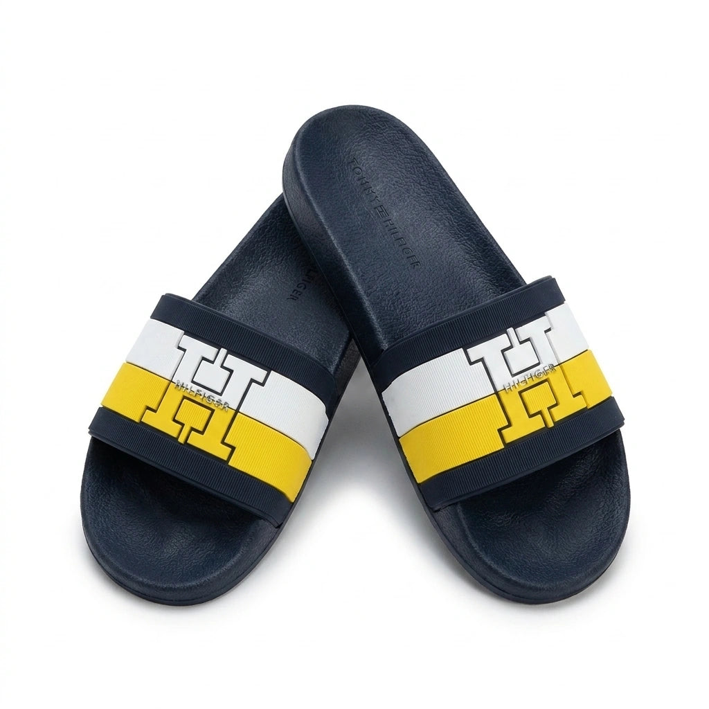 Tommy Hilfiger Men Iconic H Logo Pool Slides - Navy/White/Yellow