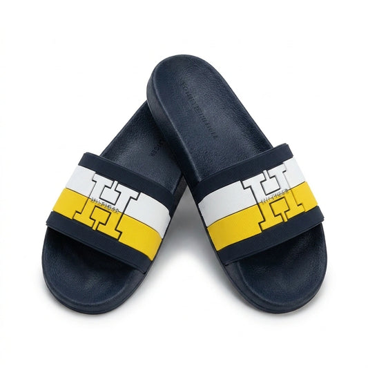 Tommy Hilfiger Men Iconic H Logo Pool Slides - Navy/White/Yellow
