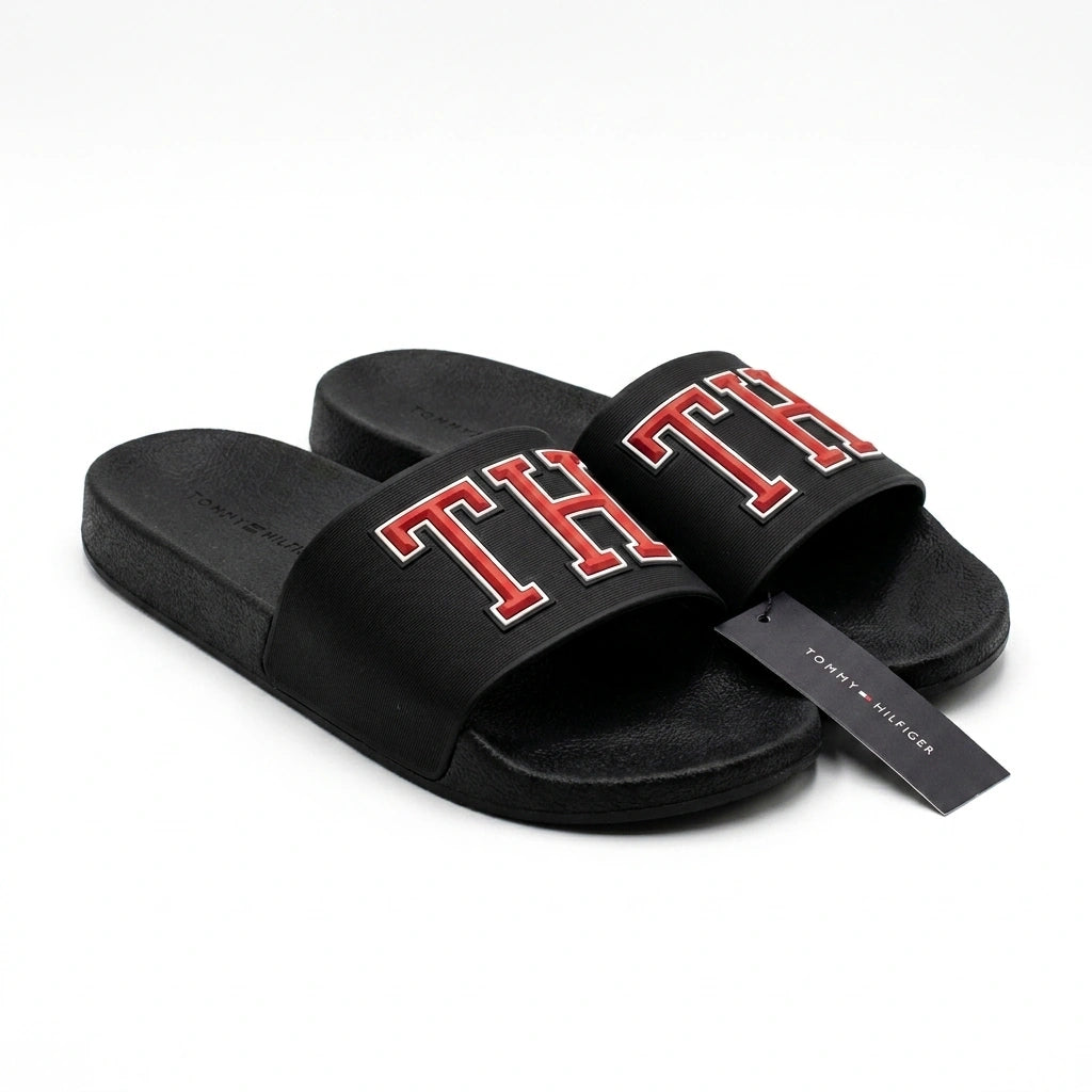 Tommy Hilfiger Men TH Logo Pool Slides - Black Red