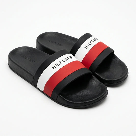 Tommy Hilfiger Men's Logo Stripe Pool Slides - Black / Red / White