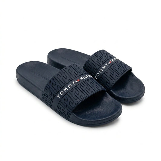 Tommy Hilfiger Men Textured Logo Strap Pool Slides - Navy Blue
