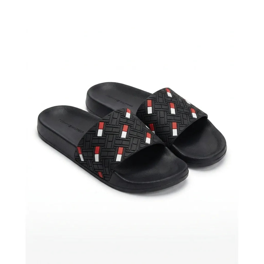 Tommy Hilfiger Men Monogram Embossed Pool Slides - Black