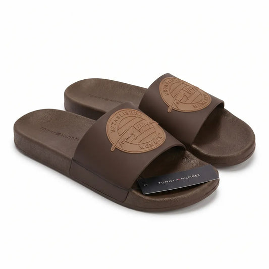 Tommy Hilfiger Men Established MCMLXXV Emblem Pool Slides - Mocha Brown