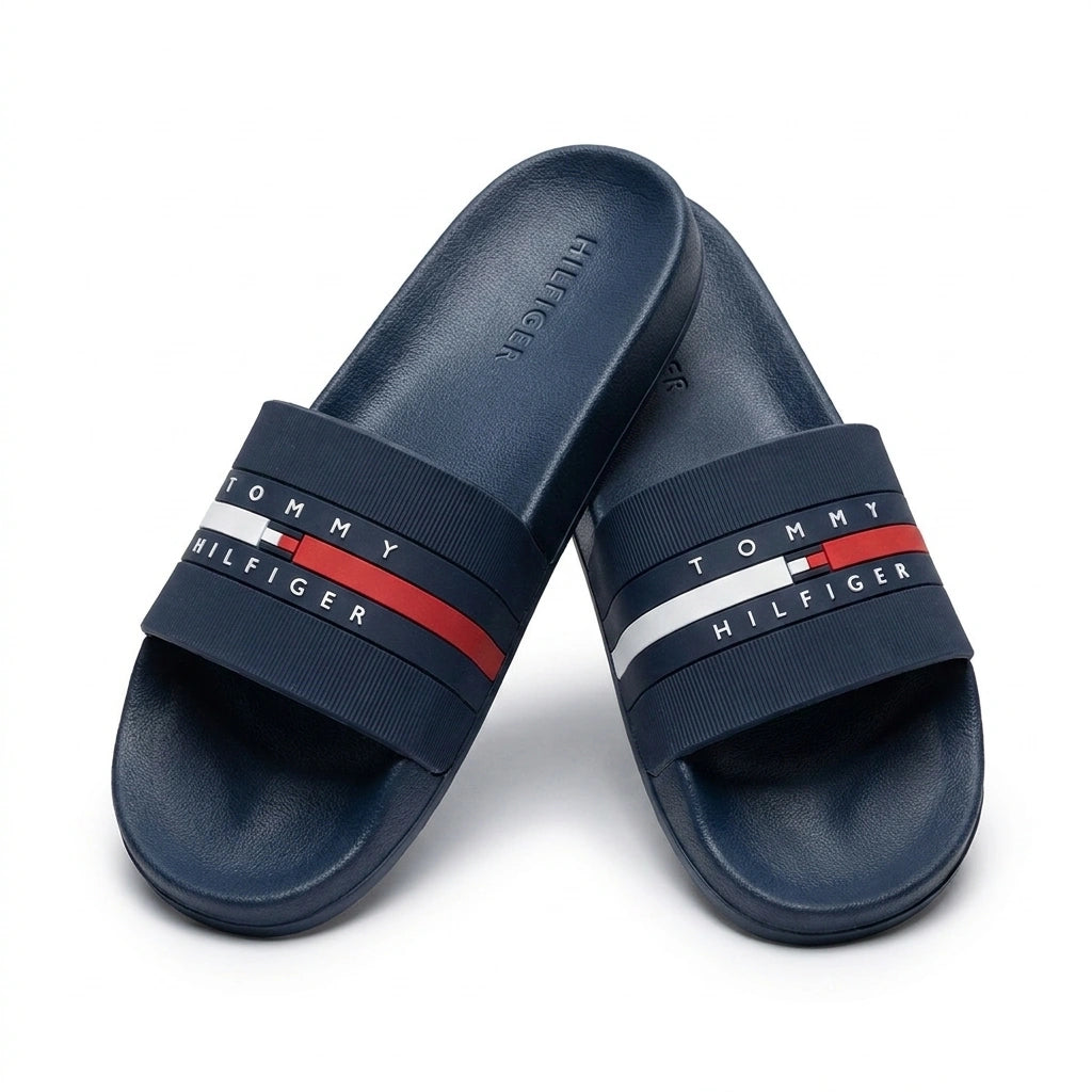 Tommy Hilfiger Men's Essential Logo Print Pool Slides - Navy Blue