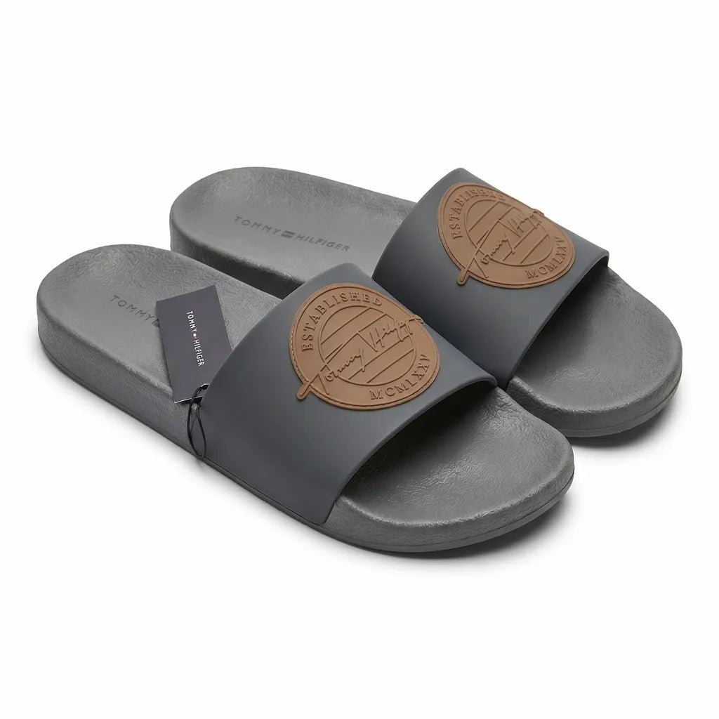 Tommy Hilfiger Men Established Logo Pool Slides - Charcoal with Tan Logo