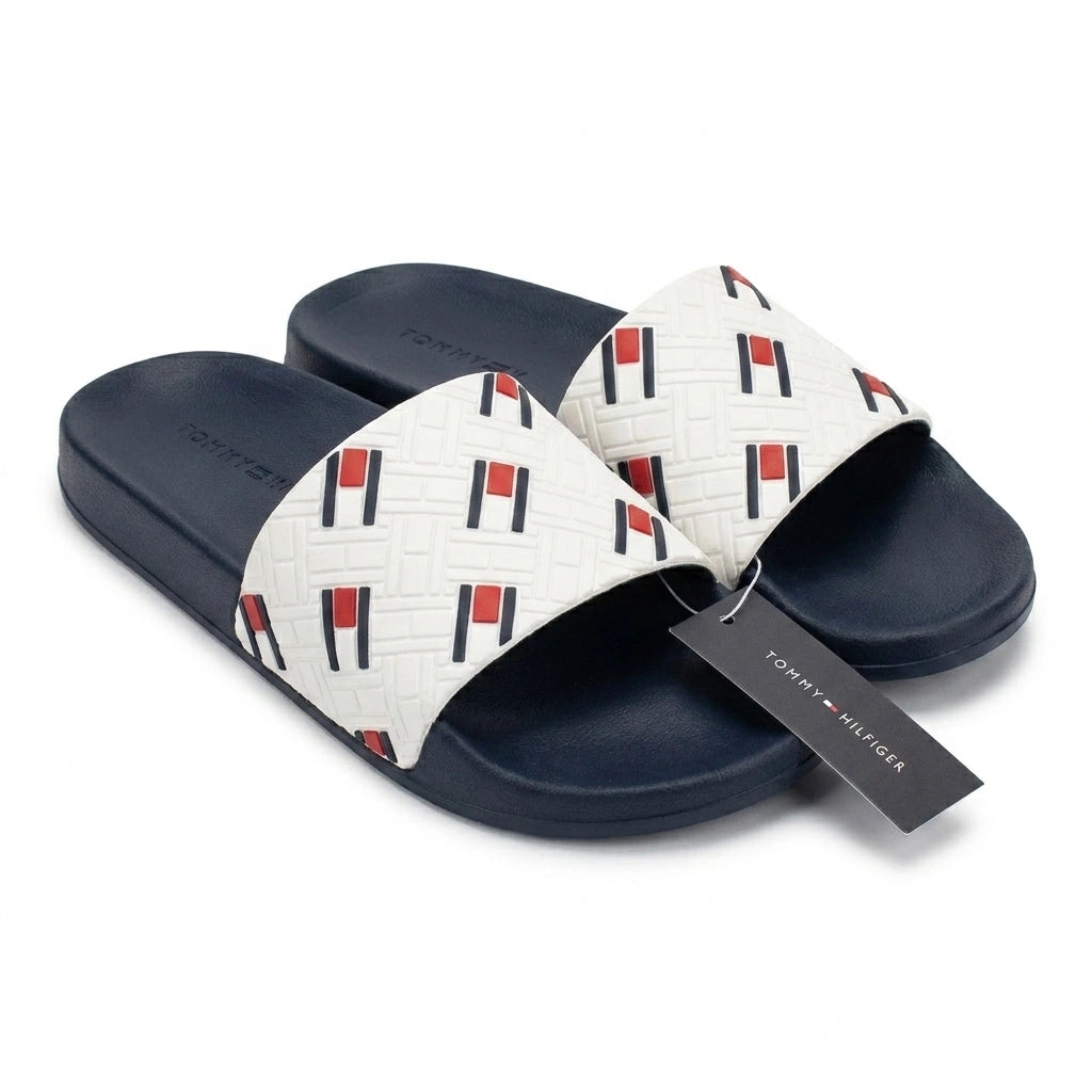 Tommy Hilfiger Men Monogram Print Pool Slides - Navy/White