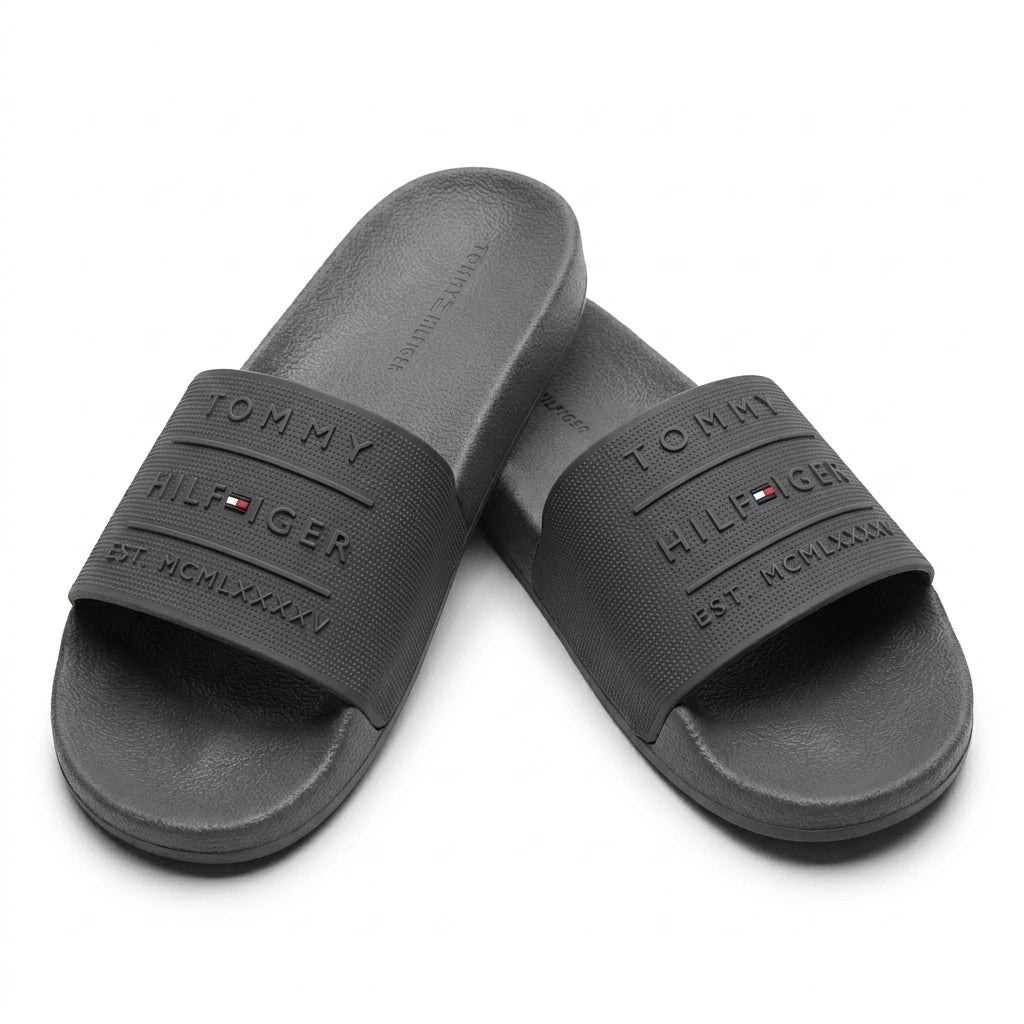 Tommy Hilfiger Men Embossed Logo Pool Slides - Dark Grey