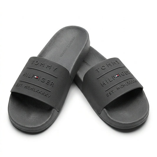 Tommy Hilfiger Men Embossed Logo Pool Slides - Dark Grey