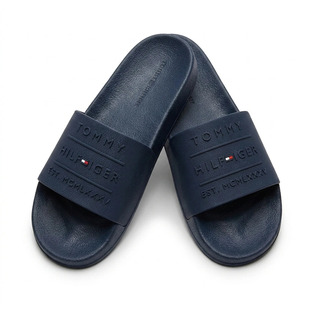 Tommy Hilfiger Men's Embossed Flag Logo Pool Slides - Navy Blue