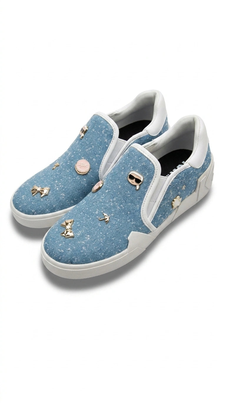 Karl Lagerfeld Women's Embellished Denim-Look Slip-On Sneakers - Light Blue