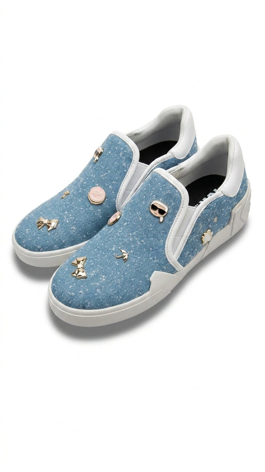 Karl Lagerfeld Women's Embellished Denim-Look Slip-On Sneakers - Light Blue