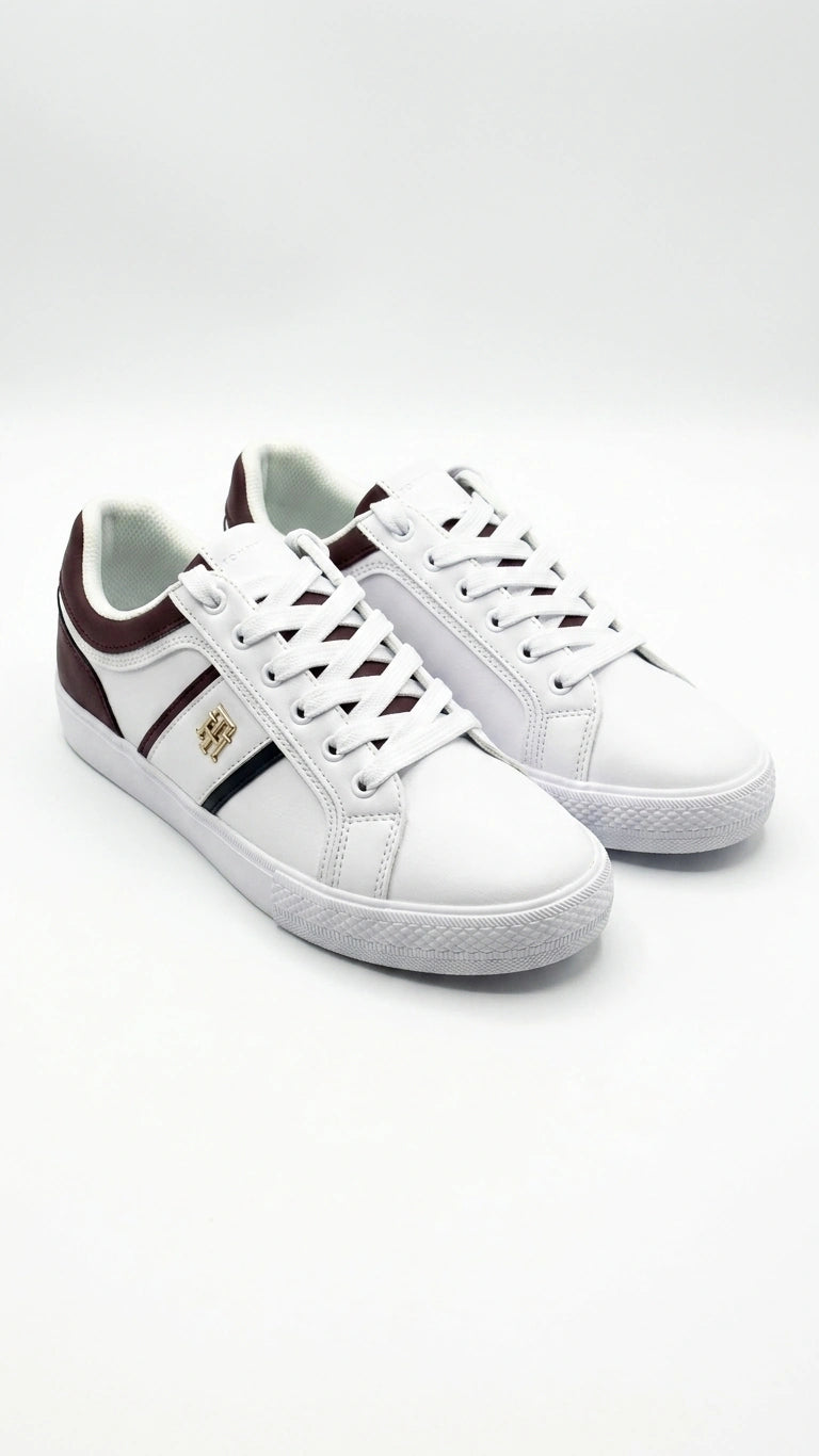 Tommy Hilfiger Women's Essential Logo Stripe Low Top Sneakers - White/Burgundy