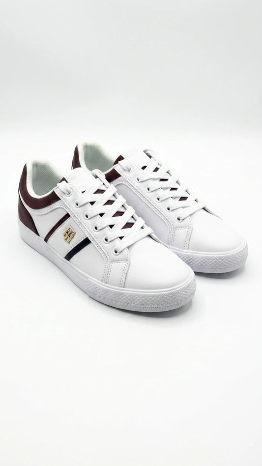 Tommy Hilfiger Women's Essential Logo Stripe Low Top Sneakers - White/Burgundy