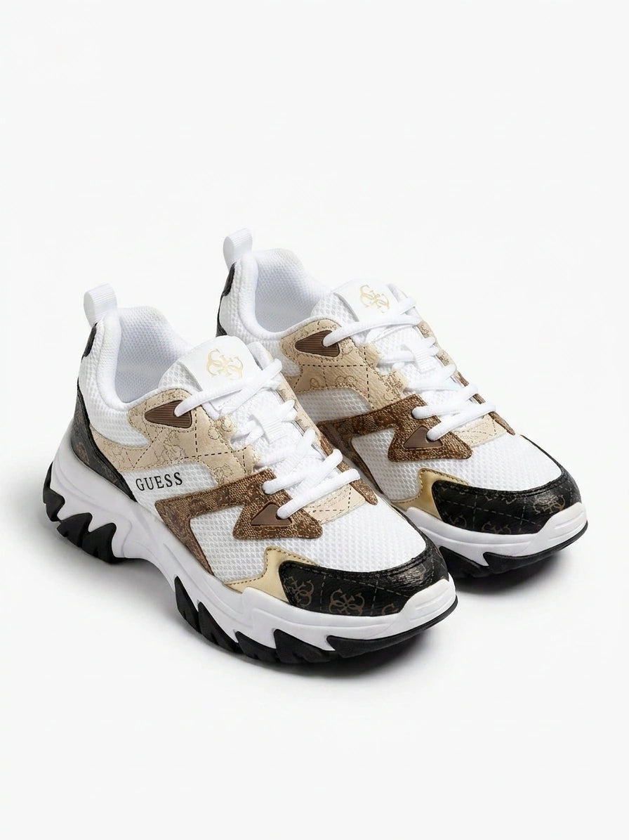 GUESS Mixed Material Logo Print Chunky Sneakers - White Brown Multi