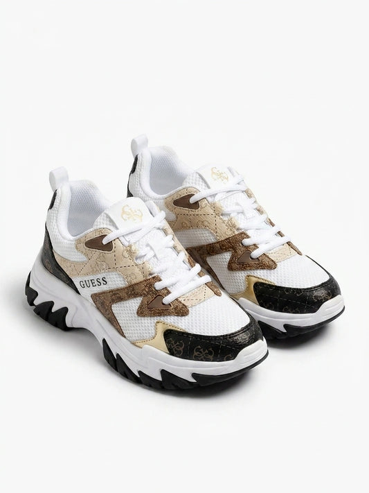 GUESS Mixed Material Logo Print Chunky Sneakers - White Brown Multi