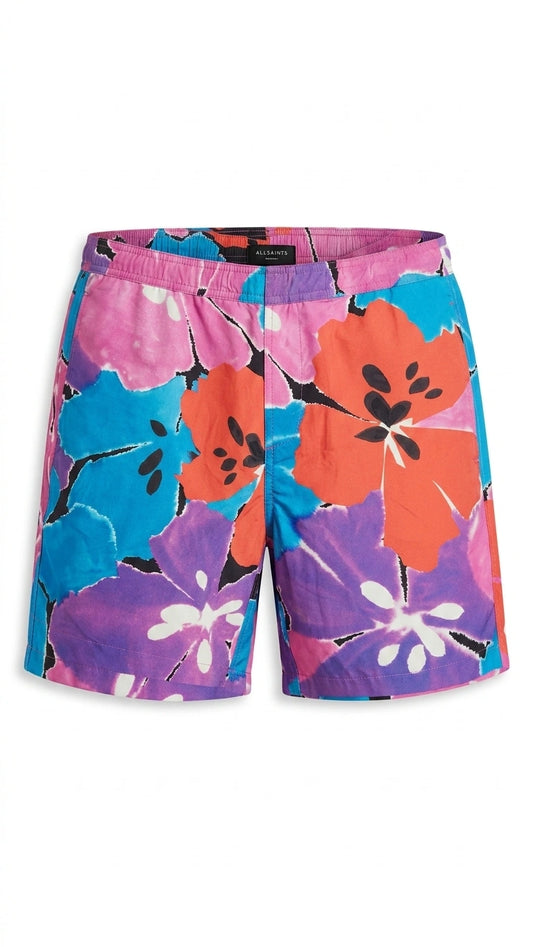 ALLSAINTS Men's Vibrant Multi-Color Floral Print Swim Shorts - Pink Blue Purple Orange
