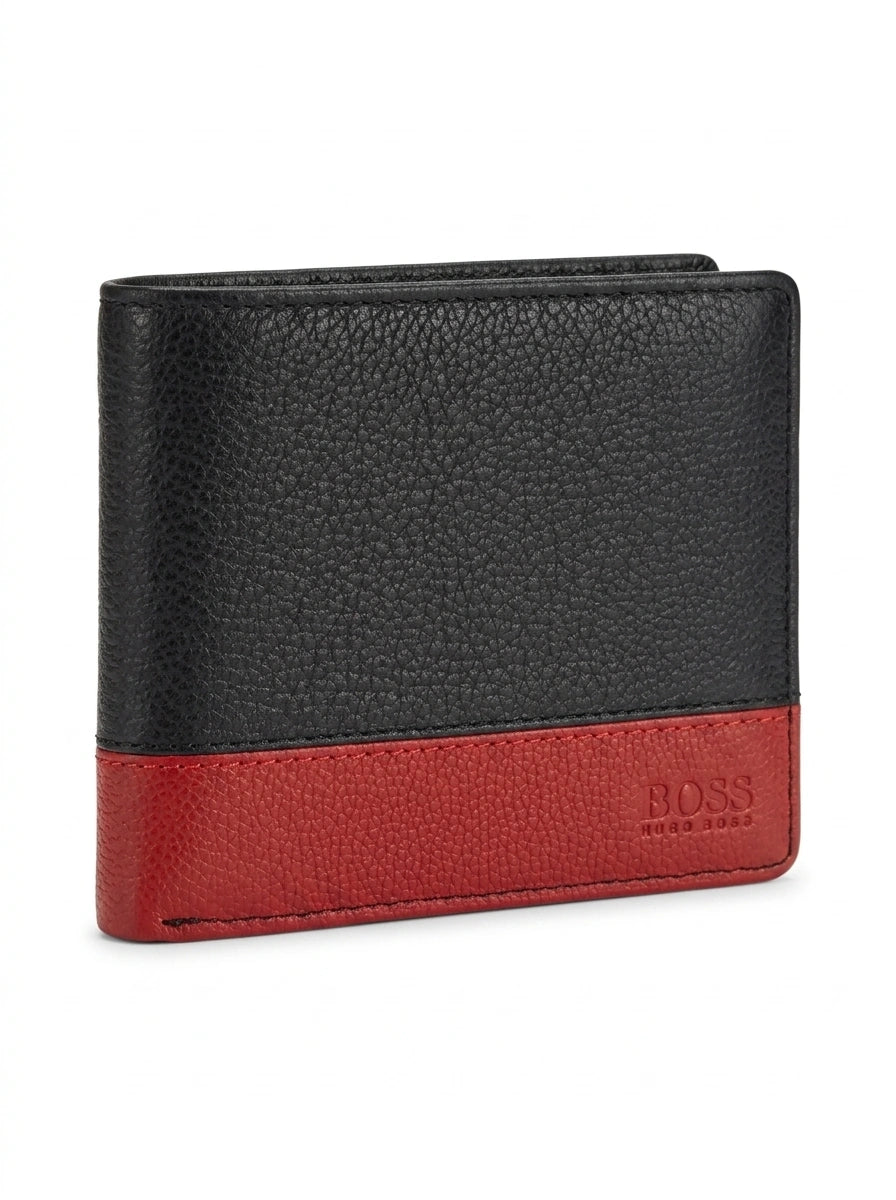 BOSS Bi-Fold Grained Leather Wallet - Black/Red