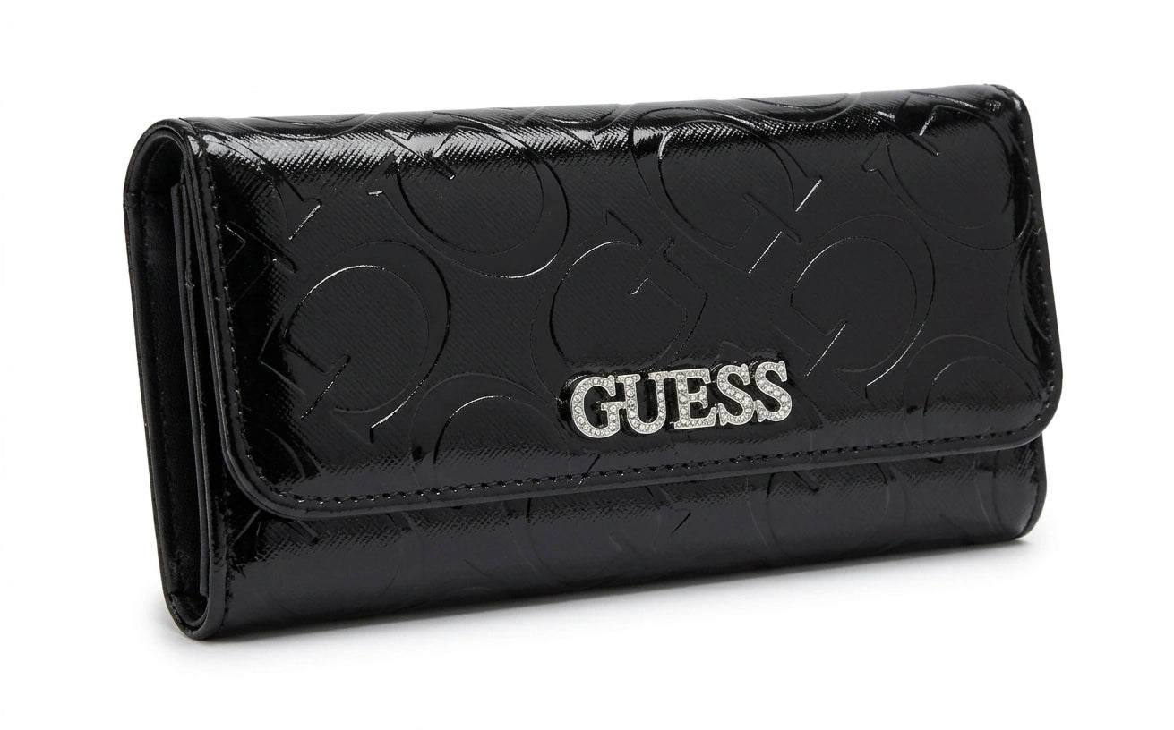 Guess Women Embossed Logo Patent Flap Wallet - Black