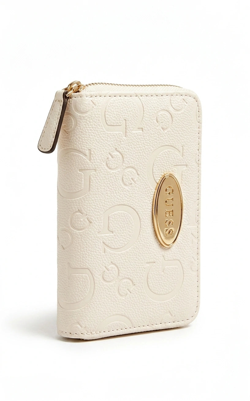 Guess G Logo Debossed Zip Around Wallet - Cream