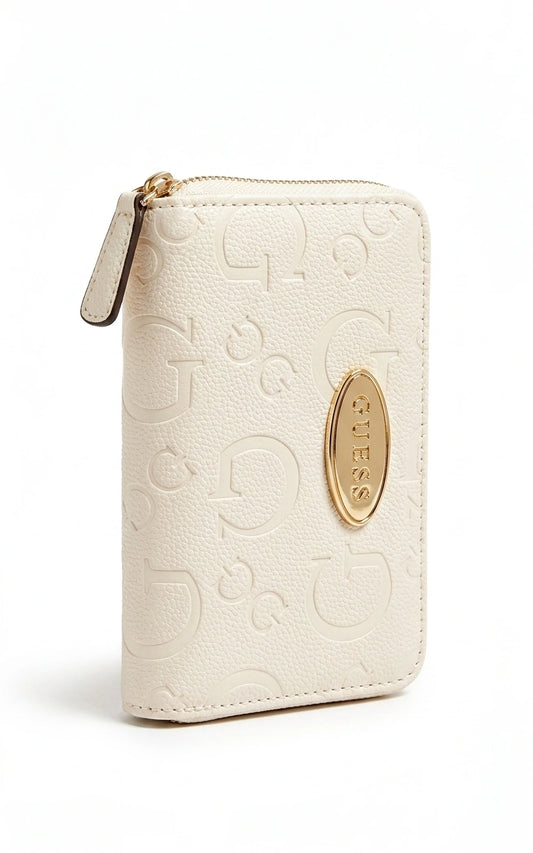 Guess G Logo Debossed Zip Around Wallet - Cream