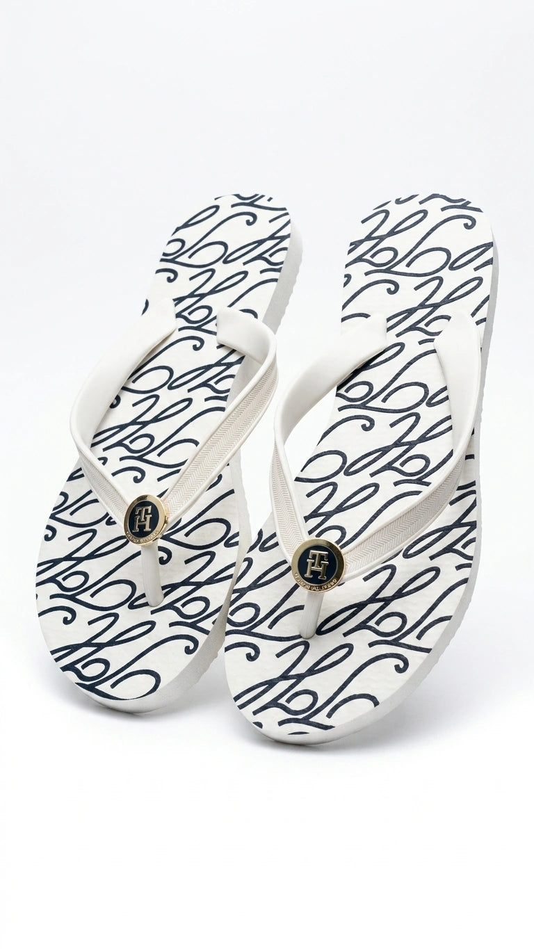 Tommy Hilfiger Women Script Logo Print Flip-Flops - White/Navy