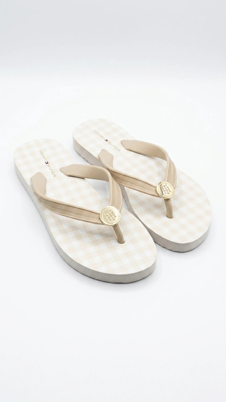 Tommy Hilfiger Women's Gingham Monogram Flip Flops - Light Beige