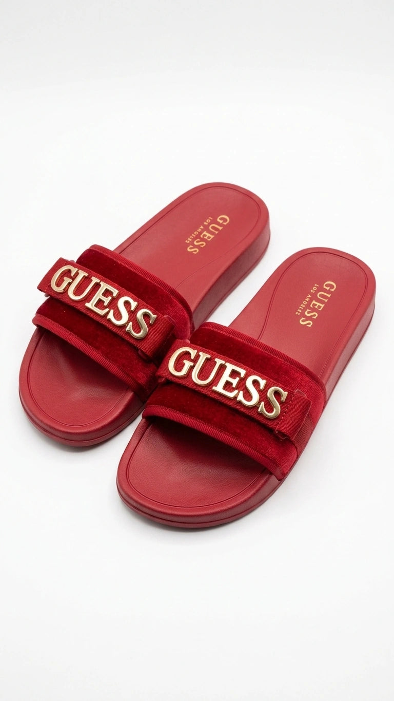 GUESS Women's Glamour Velvet Logo Slides - Red