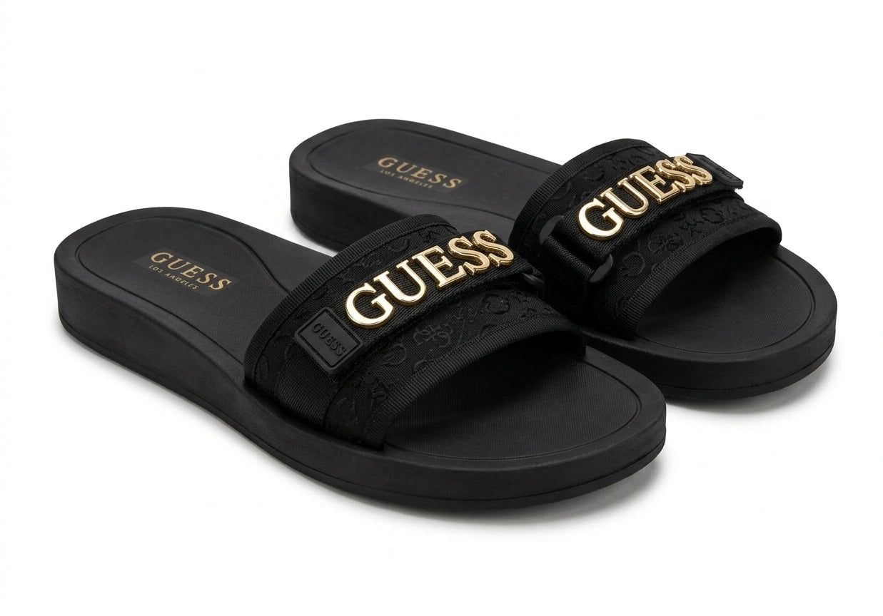 GUESS Women's Branded Monogram Platform Slides - Black Gold