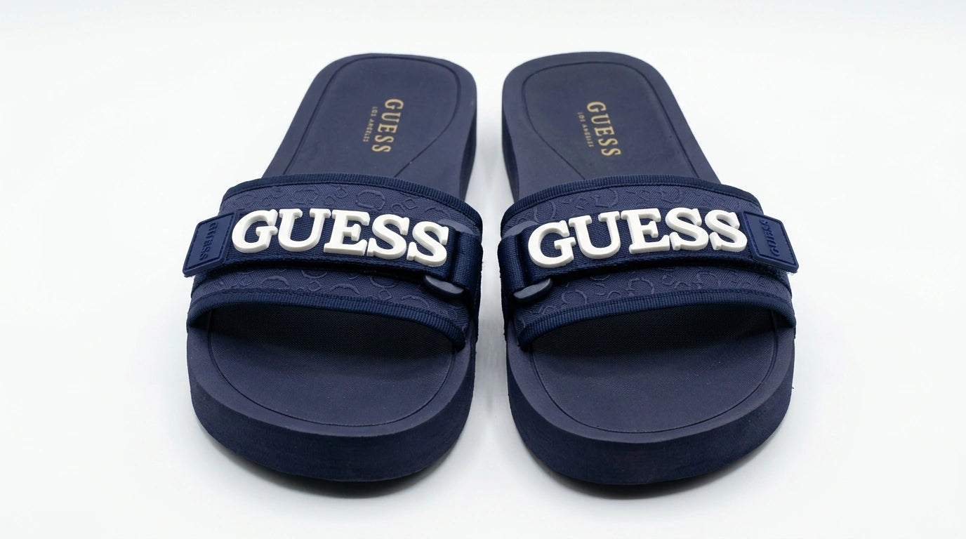 GUESS Women's Raised Logo Strap Slides - Navy