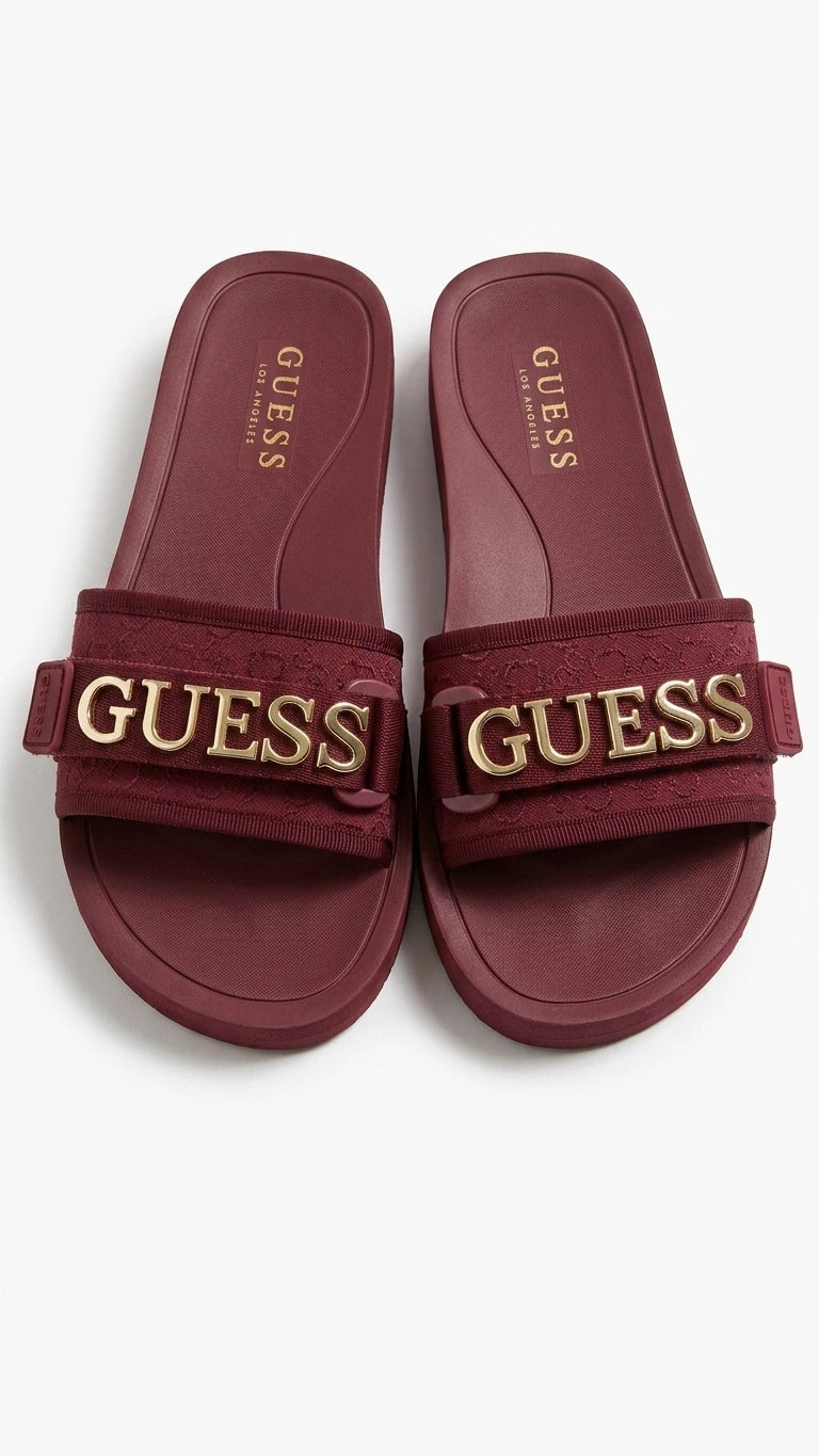 GUESS Women's Adjustable Logo Pool Slides - Burgundy