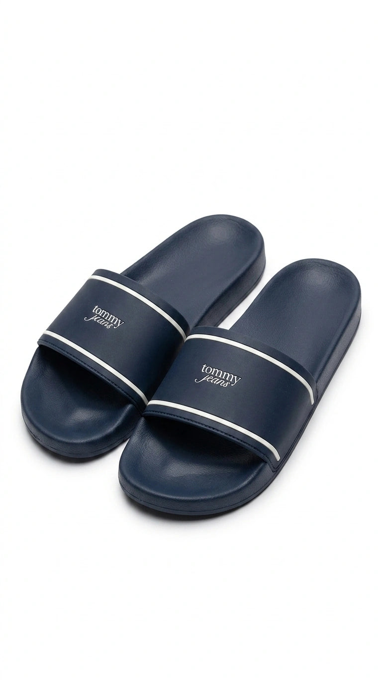 Tommy Jeans Script Logo Stripe Pool Slides - Navy
