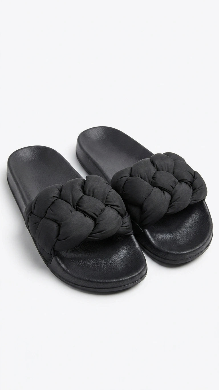 Generic Padded Braided Strap Slide Sandals - Black