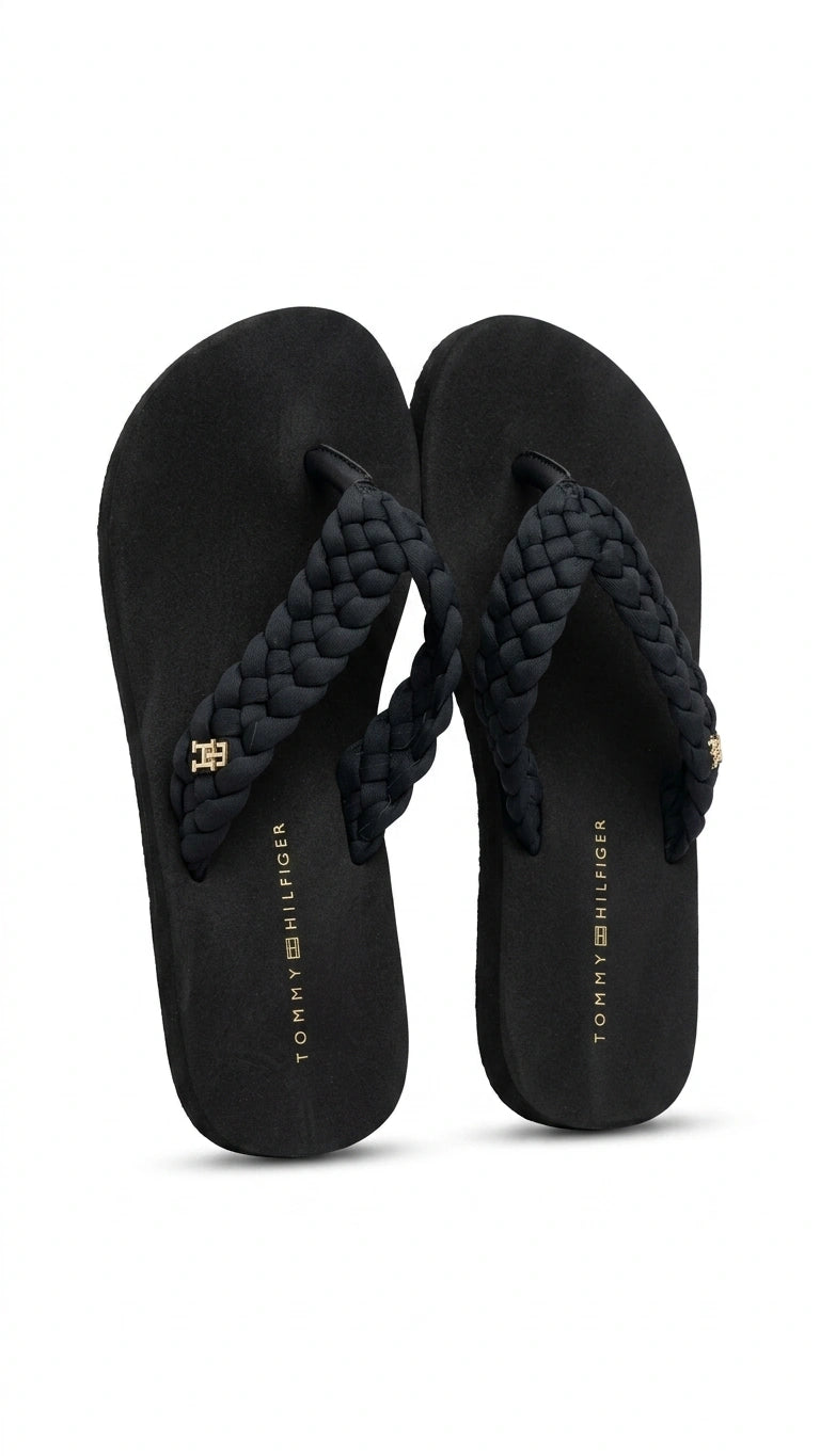 Tommy Hilfiger Women Braided Strap Flip Flops - Black