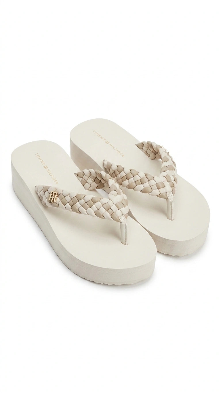 Tommy Hilfiger Women Braided Strap Platform Flip Flops - Ecru Multi