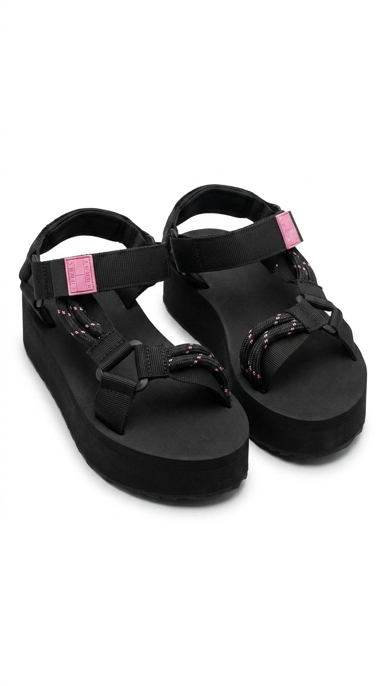 Tommy Hilfiger Women Platform Sport Sandals - Black with Pink Accents