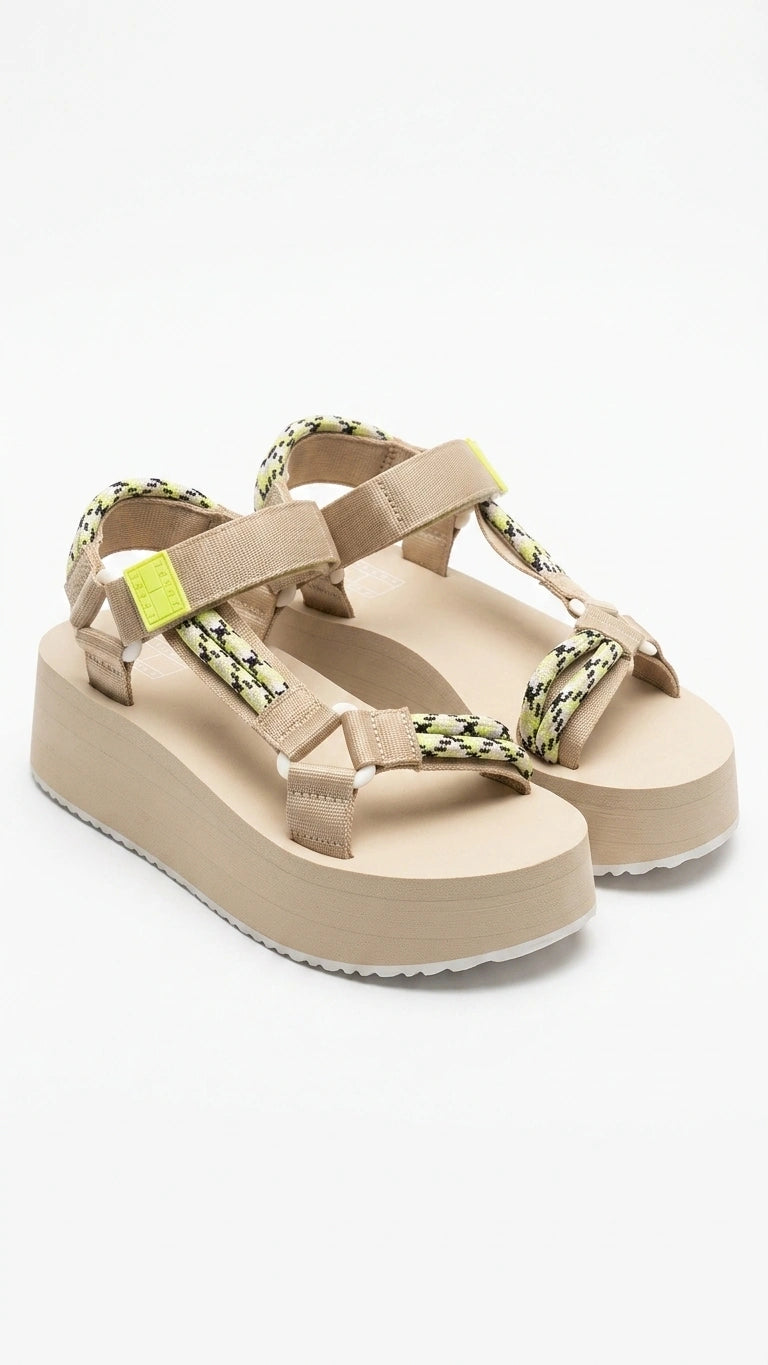 Tommy Hilfiger Women's Platform Rope Strap Sandals - Beige with Neon Yellow
