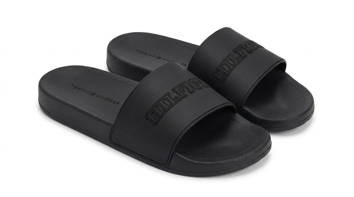 Tommy Hilfiger Men Logo Embossed Pool Slides - Black