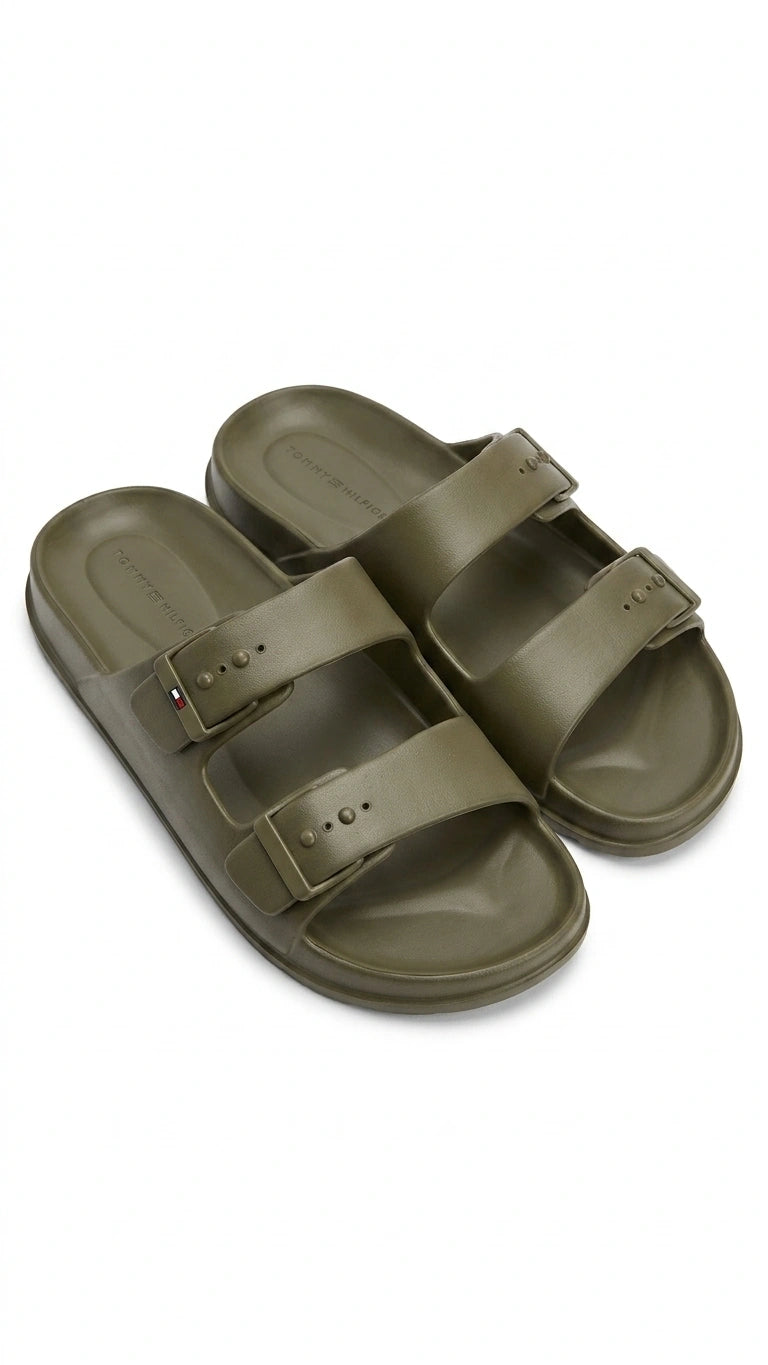 Tommy Hilfiger Comfort Double Strap Slides - Olive Green