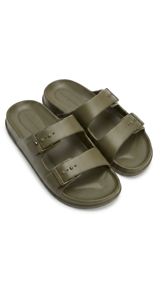 Tommy Hilfiger Comfort Double Strap Slides - Olive Green