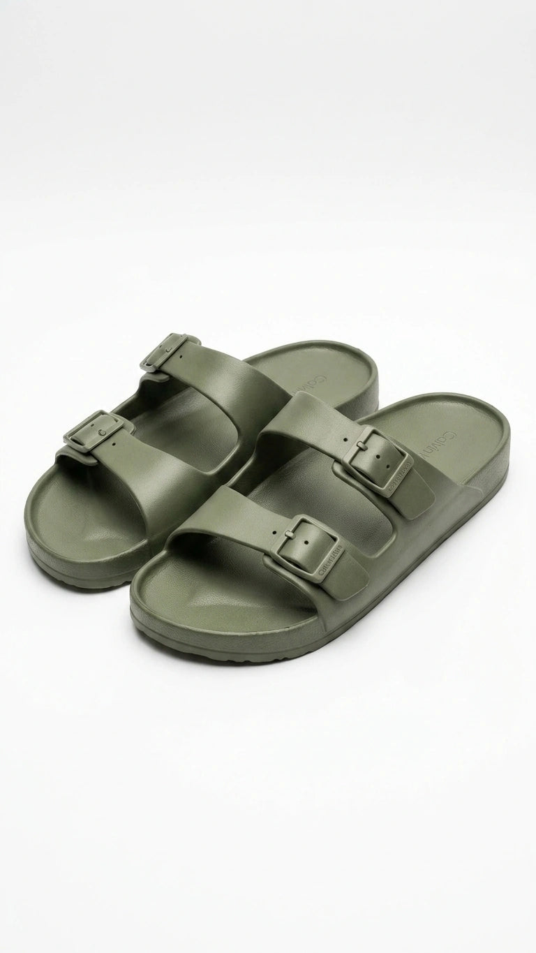 Calvin Klein Men's Two-Strap Buckle Slides - Olive Green