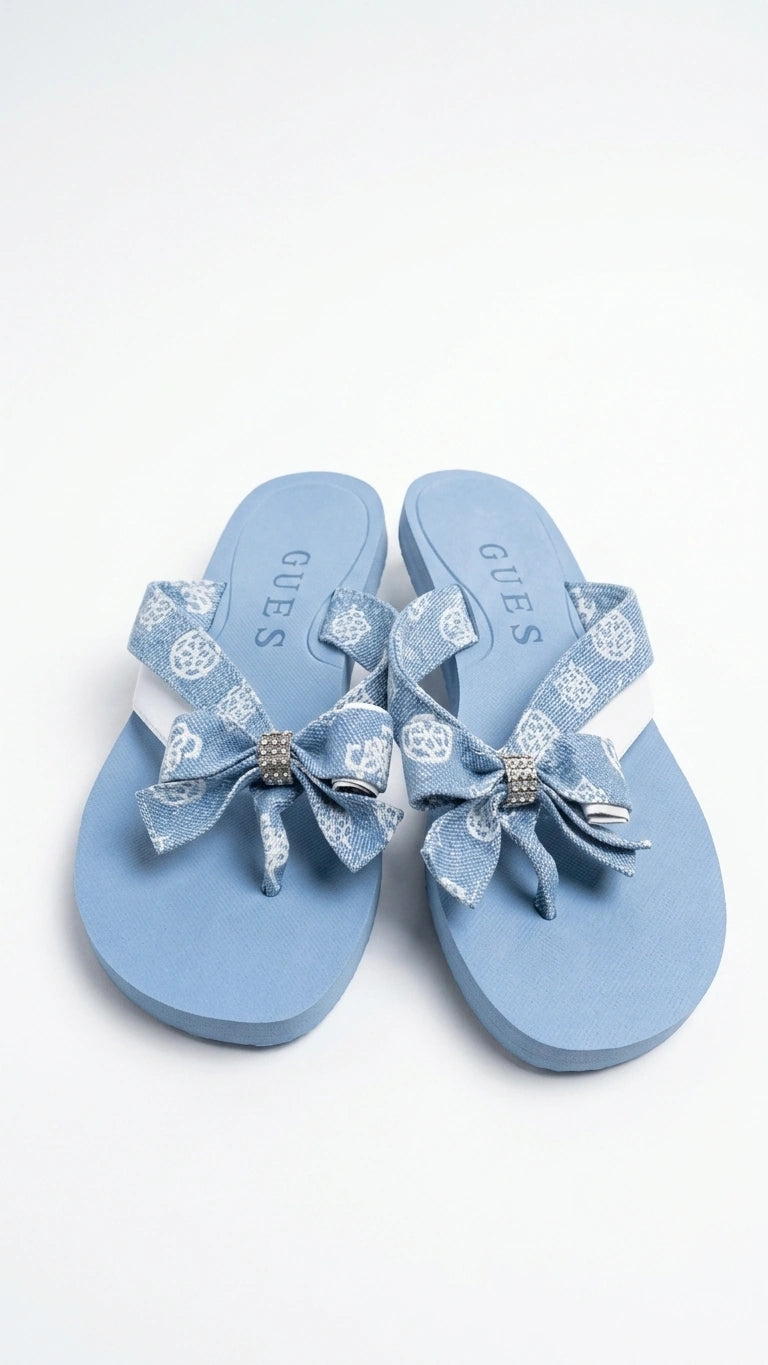 Guess Women's Monogram Denim Bow Flip Flops - Light Blue