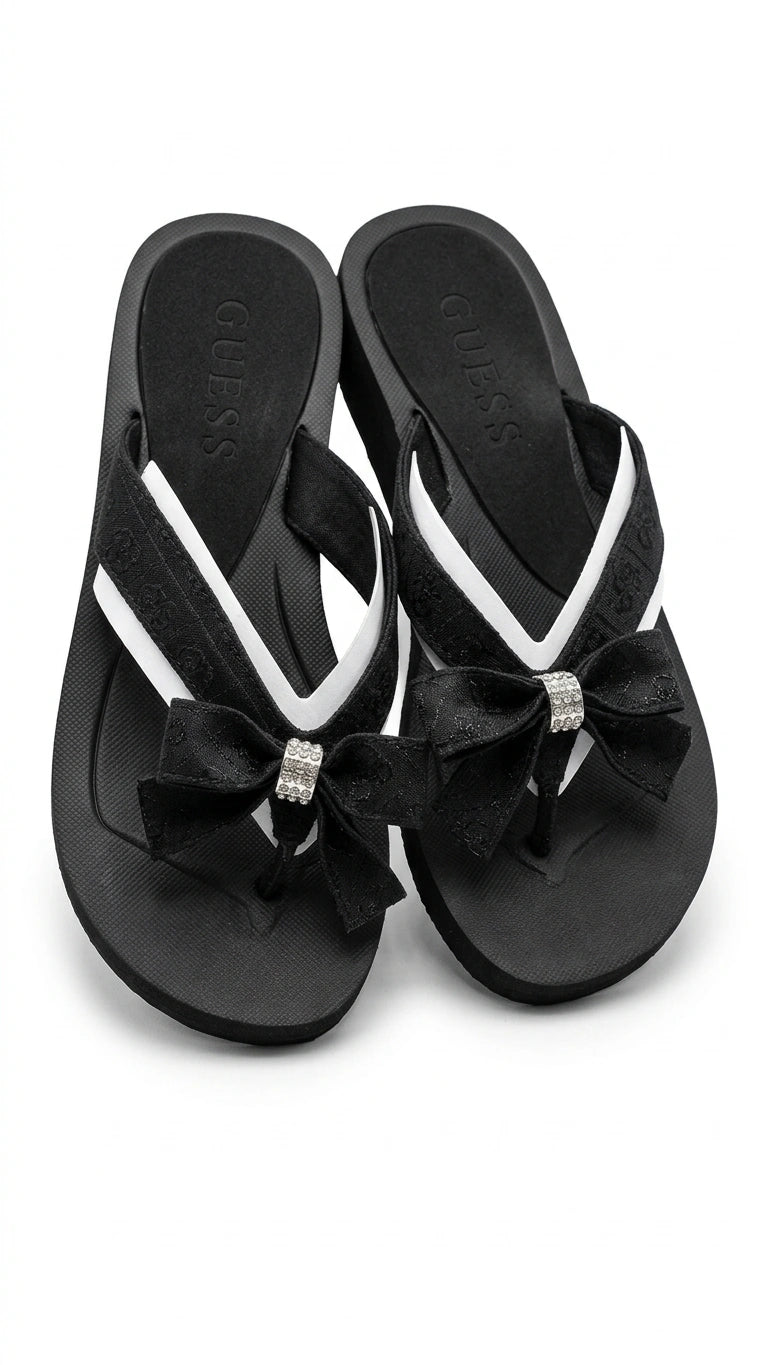 Guess Women's Bow Detail Flip Flops - Black/White