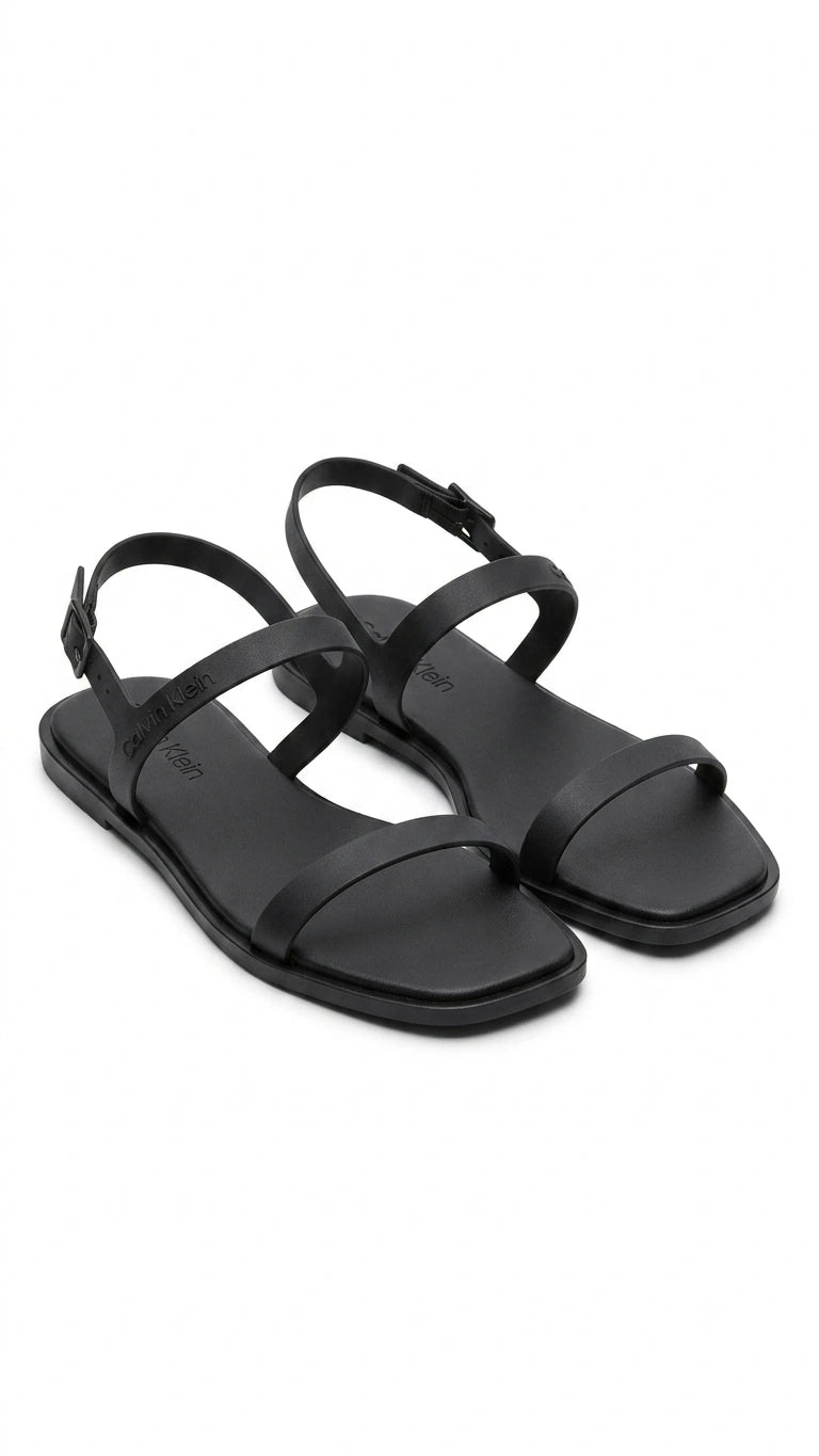 Calvin Klein Women Square Toe Ankle Strap Flat Sandals - Black