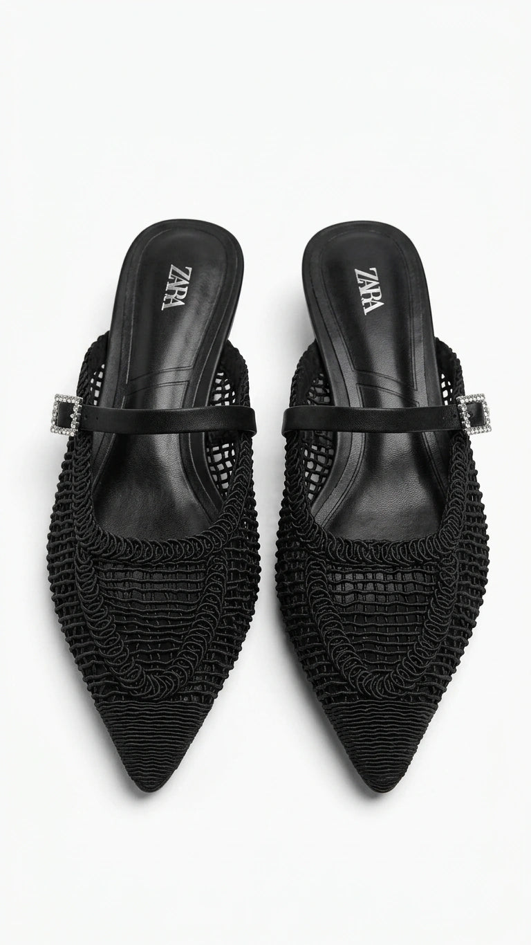 ZARA Woven Pointed Toe Mules - Black